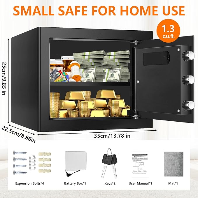 1.3 Cub Small Fireproof Safe for Home, Security Anti-Theft Fire Proof Safe Box with Spare Keys, Programmable Keypad and Alarm System, Digital Fireproof and Waterproof Safes for Document Money Medicine