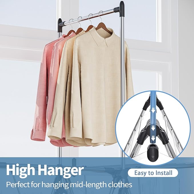 APEXCHASER Clothes Drying Rack with High Hanger, Foldable 3-Level Drying Racks with Shoe Rack, Crossbar and Vertical Rod Laundry Stand with Adjustable Wings Silver