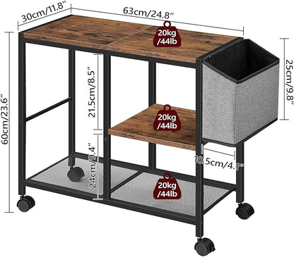 Printer Stand with Storage Bag, 3-Tier Mobile Under Desk Printer Cart with Wheels, Wood Rolling Printer Table, Organizer Shelf for Study, Office, Living Room, Rustic Brown PTHR2201