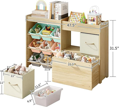 Toy Storage Organizer for Kids, 9-Bin Toy Organizer with 2-Drawers,Movable Toy Chest and Top Rack, Kids Bookshelf and Toy Storage for Playroom, Bedroom, Nursery, Multi-Color