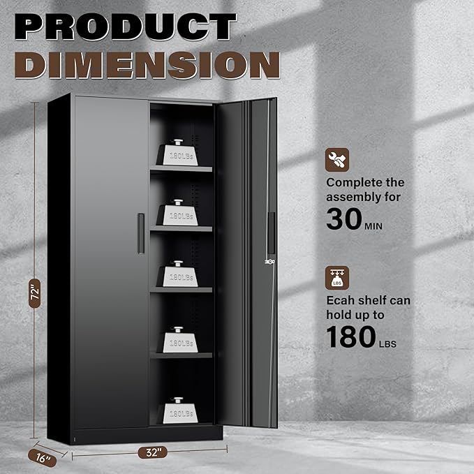 72” Metal Storage Cabinet, Lockable File Cabinets with 2 Doors and 4 Adjustable Shelves, Steel Tool Cabinets with Lock for Office, Home, Gym, Black-Small