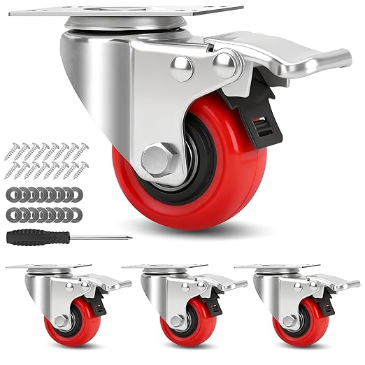 2 Inch Industrial Heavy Duty Swivel Caster Wheels with Brake,Set of 4 Safety Locking Casters,Load 600lbs,Premium Polyurethane Wheels for Table,Trailer,Saw Table,Stage Toolbox,Bed,Corn Board