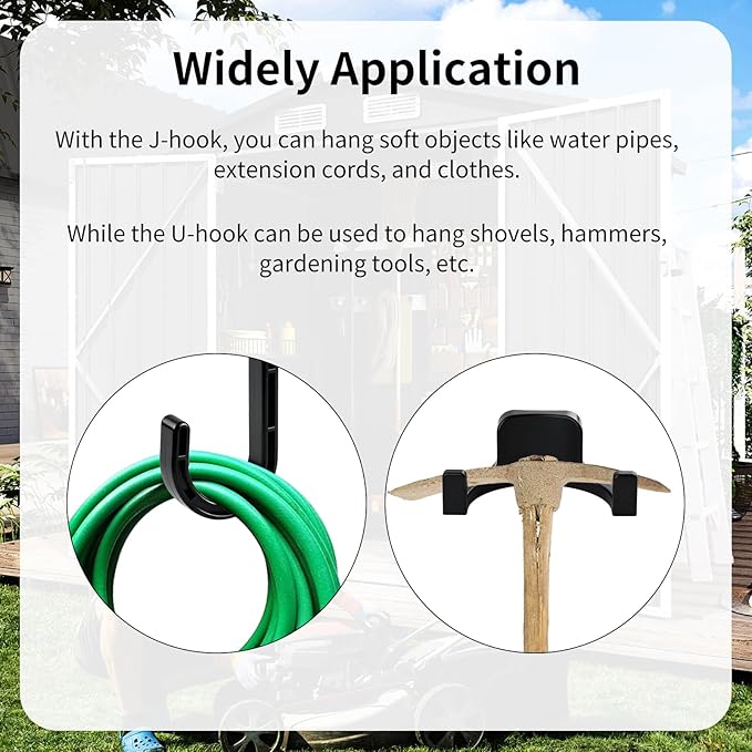 4pcs Storage Shed Hooks for Suncast & Craftsman, Black J and U Tool Hangers, Storage Shed Shelves Accessories for Hanging Shovels Scissors Shed Organization Supplies ﻿