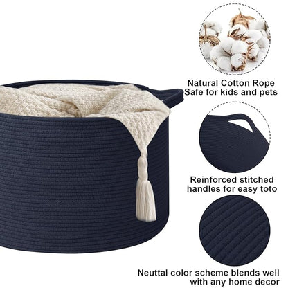 115L Large Blanket Basket,23.6" L x 23.6" W x 15.7" H Rope Woven Baskets with Handles, Toys Storage Bins,Laundry Basket Perfect for Living Room, Nursery,Bedroom,Home Organization,Dark Blue