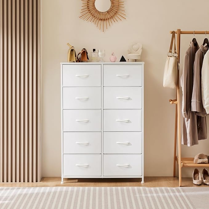 Sweetcrispy 10 Drawer Fabric Dresser Tall Chest Storage Organizer Tower with Cabinet Metal Frame and Wood Top Lightweight Closet Furniture for Bedroom,Cream White