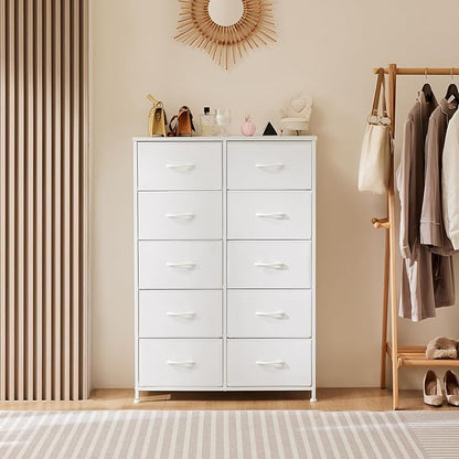 Sweetcrispy 10 Drawer Fabric Dresser Tall Chest Storage Organizer Tower with Cabinet Metal Frame and Wood Top Lightweight Closet Furniture for Bedroom,Cream White