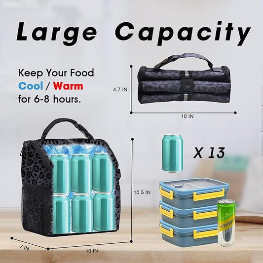VLM Lunch Bags for Women,Leakproof Insulated Floral Lunch Box with Adjustable Shoulder Strap Reusable Zipper Cooler Tote Bag for Work,Picnic,Camping Leopard-Purple