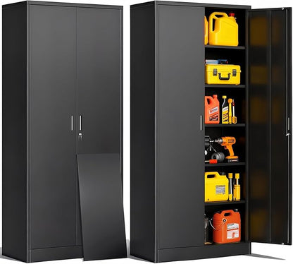 CJF Metal Storage Cabinet, 71" H Locking Cabinet with 5 Adjustable Shelves for Garage, Classroom, School, Home, Office, Pantry-Black