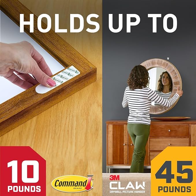 Command and 3M Claw Picture Hanging Kit, 10 lb Medium Picture Hanging Strips 8 Pairs (16 Strips) and 45, 25, & 15 lb 3M Claw Picture Hangers, Hanging Picture Frames for Home Decor and Room Decor