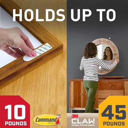 Command and 3M Claw Picture Hanging Kit, 10 lb Medium Picture Hanging Strips 8 Pairs (16 Strips) and 45, 25, & 15 lb 3M Claw Picture Hangers, Hanging Picture Frames for Home Decor and Room Decor
