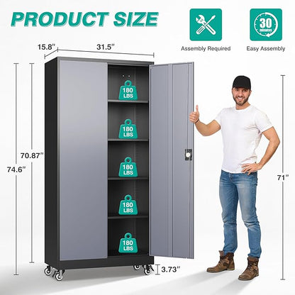SISESOL 75" Tall Metal Storage Cabinet with Wheels,Rolling Garage Storage Cabinet with Lock,Gray Metal Cabinets with Wheels and Shelves,Tall Tool Cabinets on Wheel for Garage,Home,Office,Shop