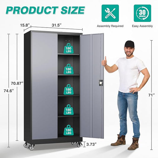 SISESOL 75" Tall Metal Storage Cabinet with Wheels,Rolling Garage Storage Cabinet with Lock,Gray Metal Cabinets with Wheels and Shelves,Tall Tool Cabinets on Wheel for Garage,Home,Office,Shop