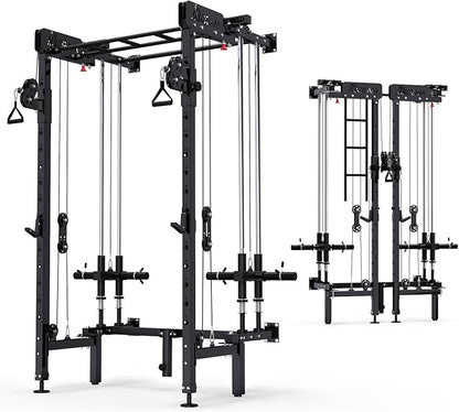 Folding Squat Rack, Wall Mounted Power Rack with Cable Crossover Machine & LAT Pull Down Multi-Function Space-Saving Power Cage with 7 Adjustable Modes/Dual Pulley System/Pull-up Bar/360°Landmine