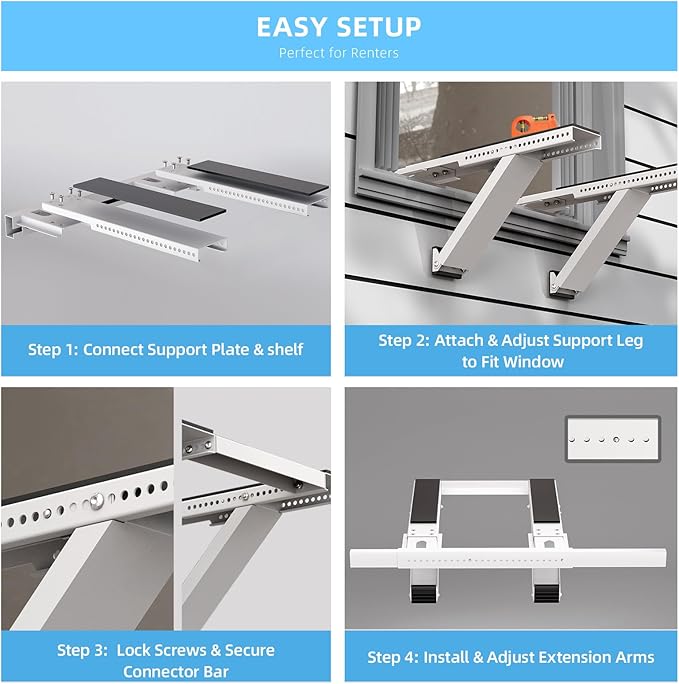 Window AC Support Bracket, No-Drill No-Tool Air Conditioner Support Bracket Adjustable Wall Mount, Heavy Duty Steel Holds Up to 300lbs, Fits Single Or Double Hung Windows, White
