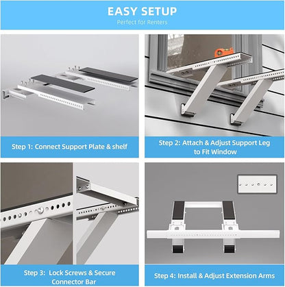 Window AC Support Bracket, No-Drill No-Tool Air Conditioner Support Bracket Adjustable Wall Mount, Heavy Duty Steel Holds Up to 300lbs, Fits Single Or Double Hung Windows, White