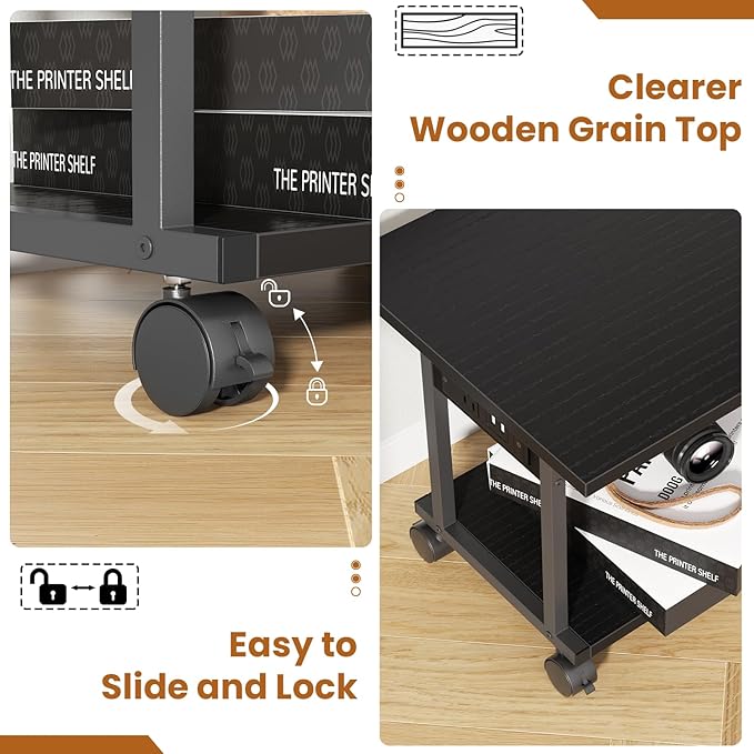 Printer Table, 2-Tier Under Desk Printer Stand with Charging Station, Printer Stand with Wheels, PrinterShelf for Small Spaces, Printer Cart for Home Office Black