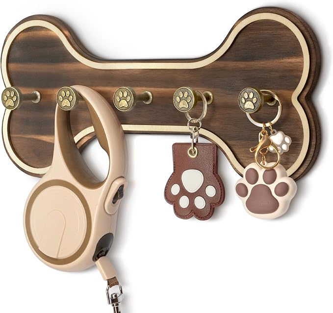 MTERSN Farmhouse Key Holder for Wall - Decorative Rustic Dog Leash Hanger Wall Mounted with Bone Shaped Hooks - Cute Storage Organizer for Home Decor (Retro Brown)