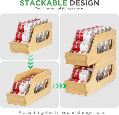 2 Pack Bamboo Can Organizer for Pantry, Soup Can Dispenser Rack Drink Holders Stackable Canned Foods can Storage for Pantry Kitchen Cabinet Up To 26 Cans