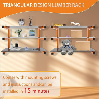 4 Pack Wall-Mounted Lumber Rack, Heavy Duty Wood Storage Racks, 6-Level System Garage Shelving, 1320 LBS Capacity Hanging Organizer Shelves, Orange Brackets Utility Metal Shelf for Indoor and Outdoor