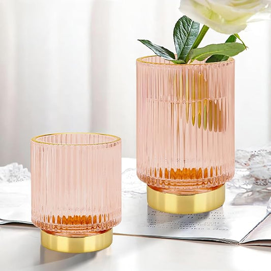 DASITON Makeup Brush holder Organizer,Crystal Cosmetic Makeup Brush Glass Brushes Storage Holder, Vintage Make Up Brush Cup Pen Pencil Holder striped vase(Pink L)