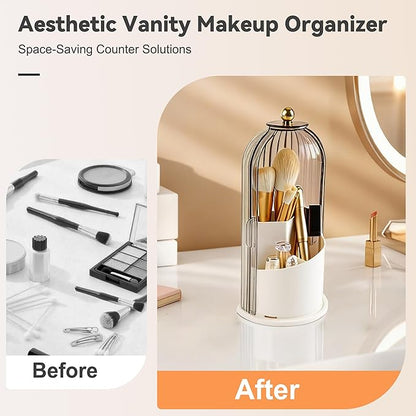 360° Rotating Makeup Brush Holder with Lid, Waterproof Three-Compartment Makeup Organizer, 180° Side-Pull Door Desk Organizer, Dustproof Brush Holder for Vanity and Bathroom (Grey)