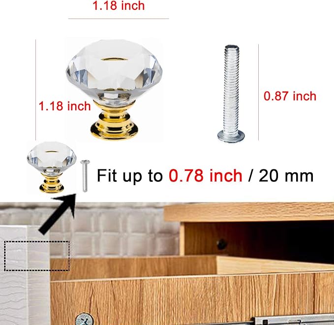 YourGift 12 Pack Drawer Knobs Diamond Shaped Crystal Glass 30mm Cabinet Knobs Pull Handles (Gold)