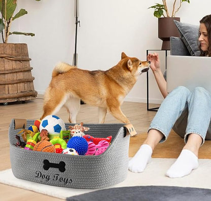 Woven Dog Toy Baskets ,Rope Basket for Dog Toys,Collapsible Dog Toy Bin with Leather Handles,Trapezoidal Puppy Toy Storage Basket,Chewproof Dog Organizer for Toys,Collar,Leash,blankets-Gray
