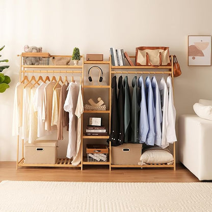 Bamboo Garment Rack 9 Tier Storage Shelf Coat Clothes Hanging Rack, Portable Wardrobe Closet Organizer With Top Shelf, Shoe Storage Shelves for Bedroom (Natural - 74.8 in)