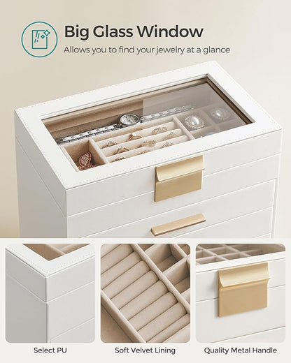 SONGMICS GISELLA Collection - Jewelry Box Organizer, 6-Layer Jewelry Storage with 5 Drawers, Shiny Metal Hardware, Glass Lid, Modern, 6.4 x 9.9 x 11.4 Inches, Cloud White and Gold Color UJBC171W01