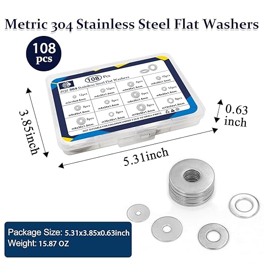ZQZ 108Pcs Flat Washers, 304 Stainless Steel Fender Washers Assortment, 12 Different Sizes Wide Washer M3 M4 M5 M6 M8 M10 M12 Assorted Flatwashers Kit