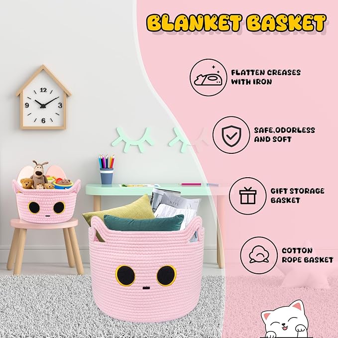 Small Storage Cat Basket, Pinks Cotton Rope Woven Basket for Nursery With Ears Toy Organizer Baskets for Gift, Cat Dog Bin Toys 8.5×4.5 inches
