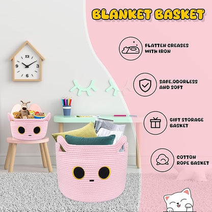 Small Storage Cat Basket, Pinks Cotton Rope Woven Basket for Nursery With Ears Toy Organizer Baskets for Gift, Cat Dog Bin Toys 8.5×4.5 inches