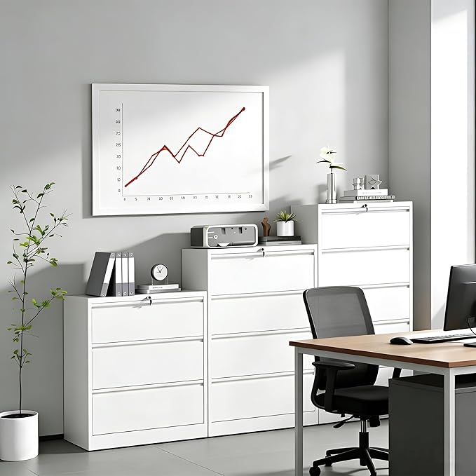 4 Drawer Lateral File Cabinet with Lock, Metal Lateral Filing Cabinet for Home Office, Steel Wide Horizontal Filing Cabinets for Letter/Legal/A4/F4 Hanging Files (White)