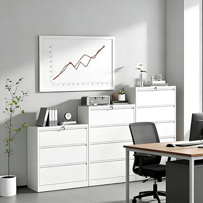 4 Drawer Lateral File Cabinet with Lock, Metal Lateral Filing Cabinet for Home Office, Steel Wide Horizontal Filing Cabinets for Letter/Legal/A4/F4 Hanging Files (White)