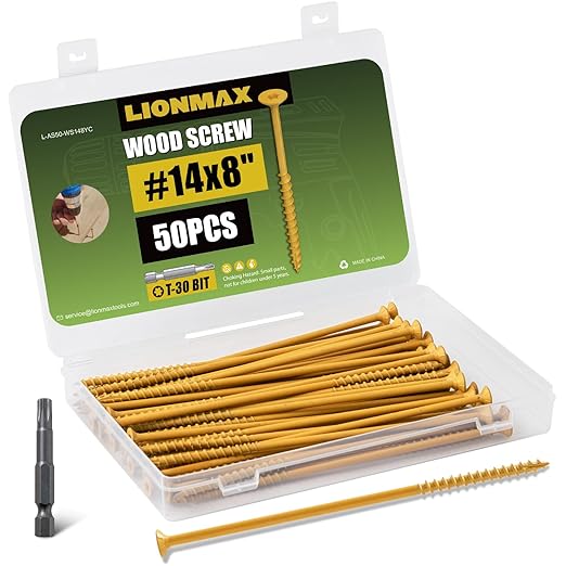 LIONMAX Deck Screws #14 x 8 Inch, 50 PCS, Long Wood Screw, Rust Resistant, Exterior Epoxy Coated for Outdoor Decking, Torx/Star Drive Head, T30 Star Bit Included