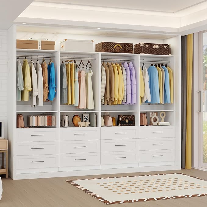Closet System with Drawers, 2FT Closet Organizer System 23.7" Wood Walk-in Closet Shelf Corner Small Closets Storage System with Hanging Rods Modular White (2FT)