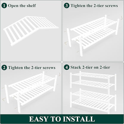 Smiry Bamboo Shoe Rack for Closet, 4 Tier Wooden Stackable Shoe Organizer, Free Standing Shoes Storage Shelf for Entryway, Front Door Entrance, White