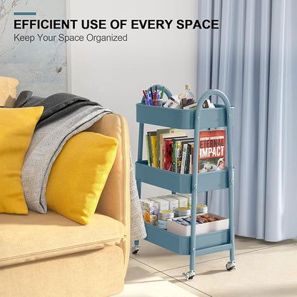 3 Tier Utility Rolling Cart, EAGMAK Metal Storage Cart with Handle and Lockable Wheels, Multifunctional Storage Organizer Trolley with Mesh Baskets for Kitchen, Living Room, Office, Garage (Blue)