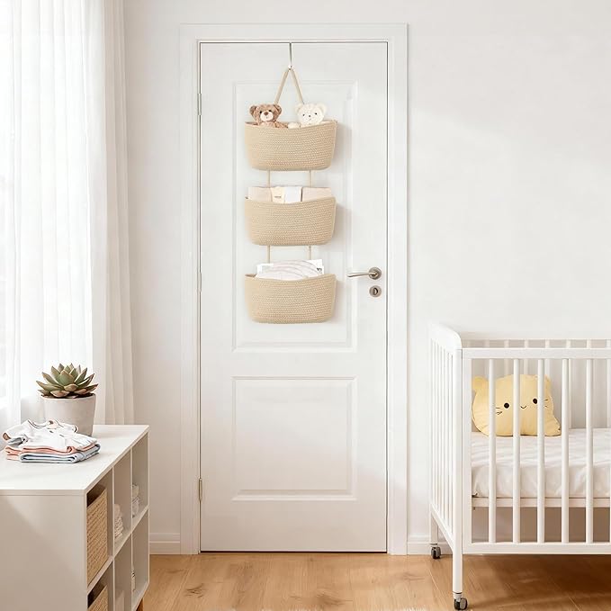 Dahey Over The Door Hanging Basket 3-Tier Woven Boho Wall Mounted Storage Organizer with Hooks for Bedroom Nursery Bathroom Apartments Dorm Pantry Decor, Jute