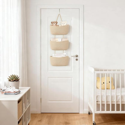 Dahey Over The Door Hanging Basket 3-Tier Woven Boho Wall Mounted Storage Organizer with Hooks for Bedroom Nursery Bathroom Apartments Dorm Pantry Decor, Jute