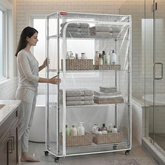Clear PVC Shelf Cover, 36" W x 14" D x 54" H, 3-Way Opening Rack Cover with Two-Way Zippers, See-Through Waterproof Shelving Enclosure for Laundry Room, Kitchen & Garage