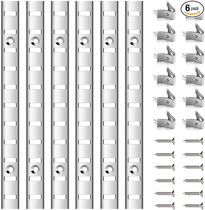6 Pcs 36 Inch Shelf Pilaster Adjustable Shelf Brackets Stainless Steel Mortise Mount Pilaster Strip Standards with 12 Shelf Clips and Screws for Wall Shelving System Closet Organization Storage