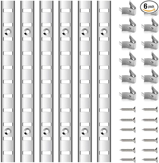 6 Pcs 36 Inch Shelf Pilaster Adjustable Shelf Brackets Stainless Steel Mortise Mount Pilaster Strip Standards with 12 Shelf Clips and Screws for Wall Shelving System Closet Organization Storage