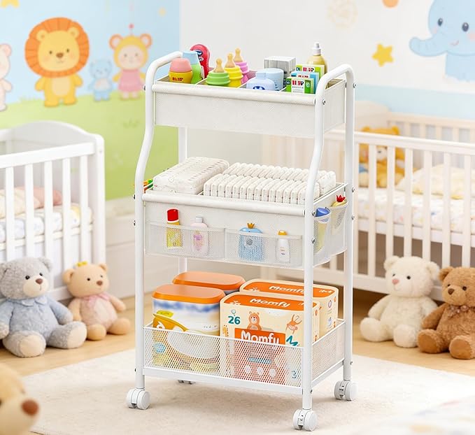 Diaper Caddy Organizer 3-Tier Rolling Cart, Metal Utility Cart with 4+2 Dividers & Lockable Silent Casters, Mobile Storage Cart for Nursery Essentials, Multi-Purpose for Kidsroom Changing Table