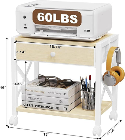 EasyCom 2-Tier Desktop Printer Stand with Large Drawer, Under Desk Storage with Wheels, Small Shelf with Storage for Paper Storage Printer Scanner Fax Home Office Use Beige