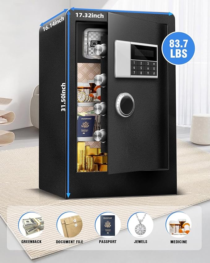 8.4 CuFt Heavy Duty Home Safe Box with Secure Digital Keypad, Key Lock, LCD Screen, Removable Shelf, and Sensor Light for Secure Storage of Documents, Valuables, and Business Use