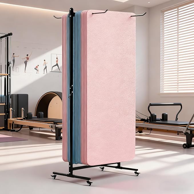 YTLEMON Yoga Mat Holder Hanging, Floor Rolling Yoga Mat cart, Large Capacity Storage Rack, with Includes hole punch, Metal square tube storage shelf for Home Gym, Fitness Club,Yoga Studio (Black)
