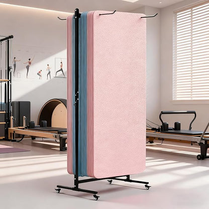 YTLEMON Yoga Mat Holder Hanging, Floor Rolling Yoga Mat cart, Large Capacity Storage Rack, with Includes hole punch, Metal square tube storage shelf for Home Gym, Fitness Club,Yoga Studio (Black)
