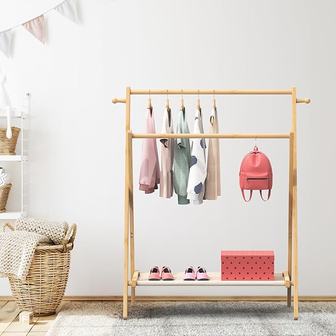Kids Clothing Rack, Small Clothes Rack for Toddler Pets, Kids Dress Up Rack with Storage Shelf & Double Rods, Foldable Kids Clothes Rack for Nursery Child's Room (Regular Size)