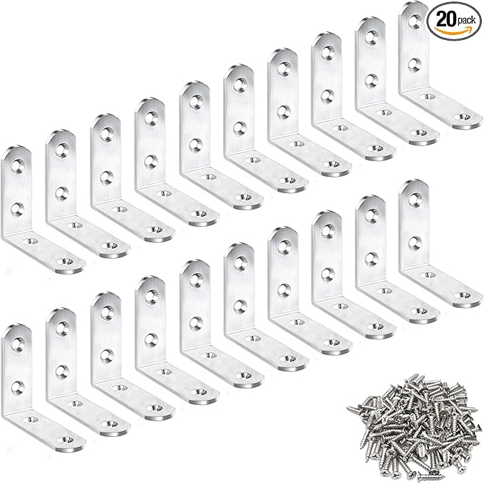 20 Pack L Bracket Corner Braces 2 Inch Stainless Steel Heavy Duty Shelf Bracket for Wood Shelves, Wall Hanging Support 90 Degree Joint Right Angle Brackets with Screws